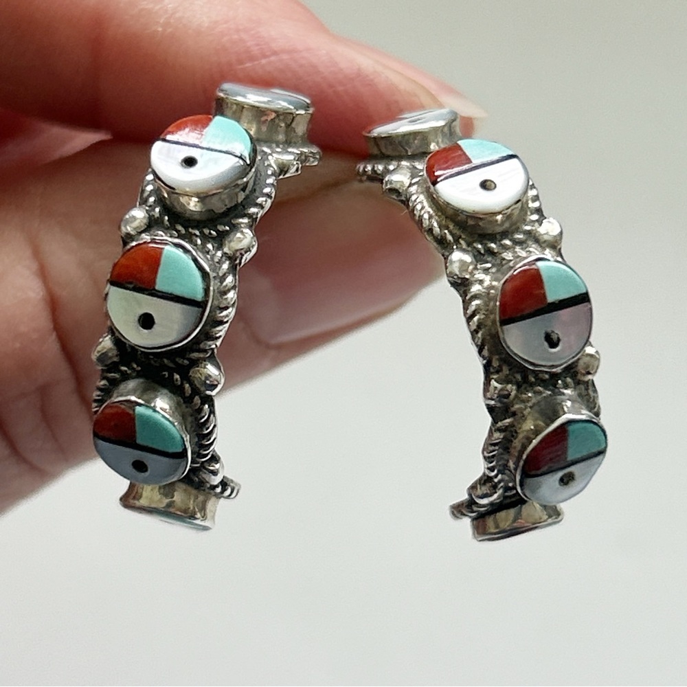 Vintage Zuni Sunface Sterling Silver C Hoop Earrings